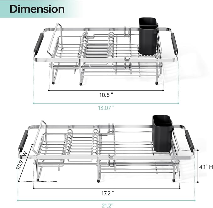 Urackify Dish Drying Rack in Sink - 304 Stainless Steel Expandable (14.5''-18''L) Over The Sink Dish Rack with Utensil Holder, Space-Saving Dish Drainer for Kitchen Counter, Silver