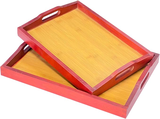 Wooden Serving Trays with Handle Set of 2 Bamboo Serving Trays Decorative Nesting Wood Platter Tabletop (Large 16x11.7x1.9 inches, Small 14x10.5x1.9 inches)
