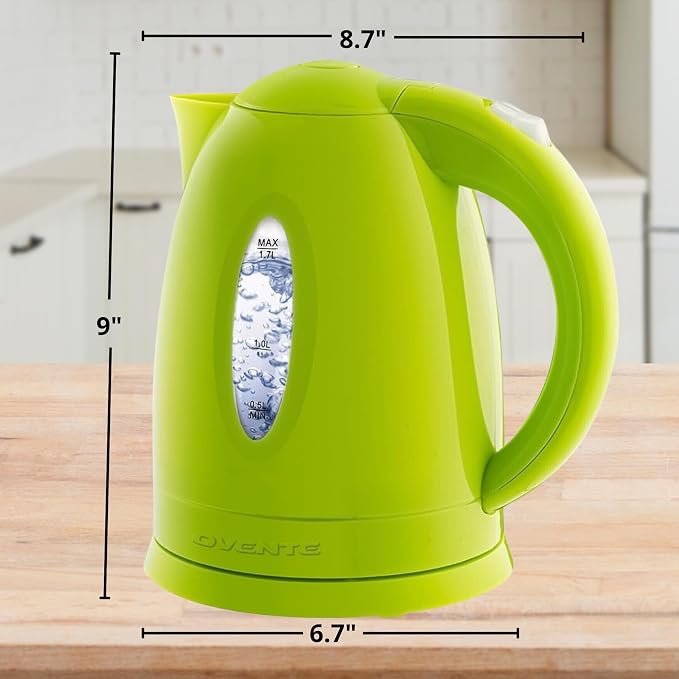 OVENTE Electric Kettle,1.7L Fast Boiling Water Heater for Coffee or Tea,BPA Free with Water Level Gauge,Auto Shut-Off,Boil-Dry Protection,Indicator Light and Removable Filter,Green KP72G,(Pack of 12)