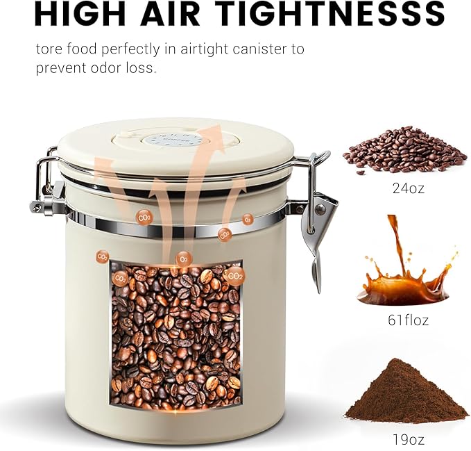 Airtight Coffee Container with Date Tracker & Spoon - Kitchen Storage Jar for Coffee Grounds, Cereal, Beans, Sugar (Beige, 24OZ)