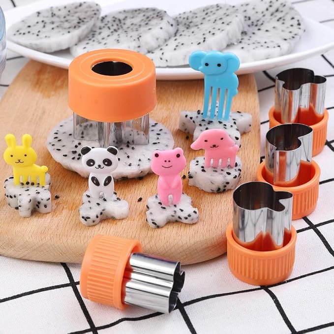 Vegetable Cutter Shapes Set for Kids – 20 Stainless Steel Mini Cookie & Fruit Cutters + 20 Cute Animal Food Picks & Forks – Bento Tools for Baking, Sandwich, Cheese, and Lunch Prep