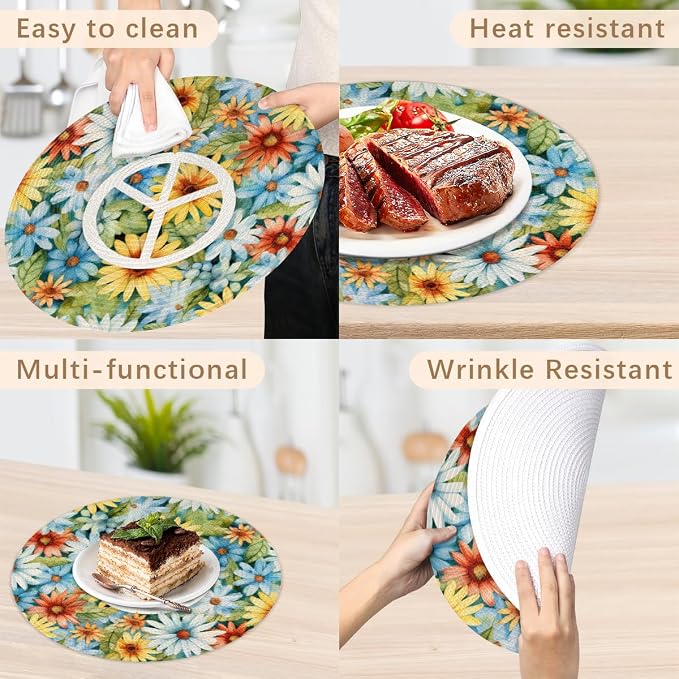 Round Placemats Set of 4, Peace Sign Daisy Sunflowers Woven Placemats Mats Non-Slip Heat Resistant Washable Table Mats Round Braided Place for Farmhouse Kitchen Dining Party Decor 15in