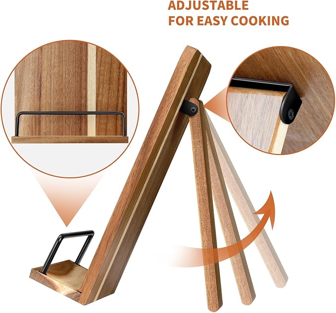 Acacia Wood Cookbook Stand for Kitchen Counter - Adjustable Recipe Book Holder & Tablet Stand - Heavy Duty Hands-Free Bookstand for Large Cookbooks, iPad & Bible - Rustic Farmhouse Decor