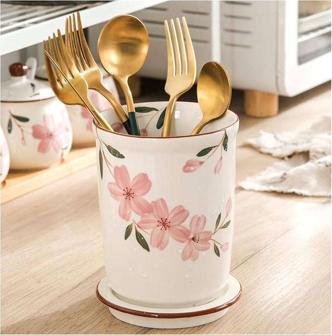 Dxcaicc Large Capacity Utensil Holder for Kitchen Counter, Ceramic Cooking Utensil Holder, Multiple Drain Holes Chopstick Holder with Drain Tray