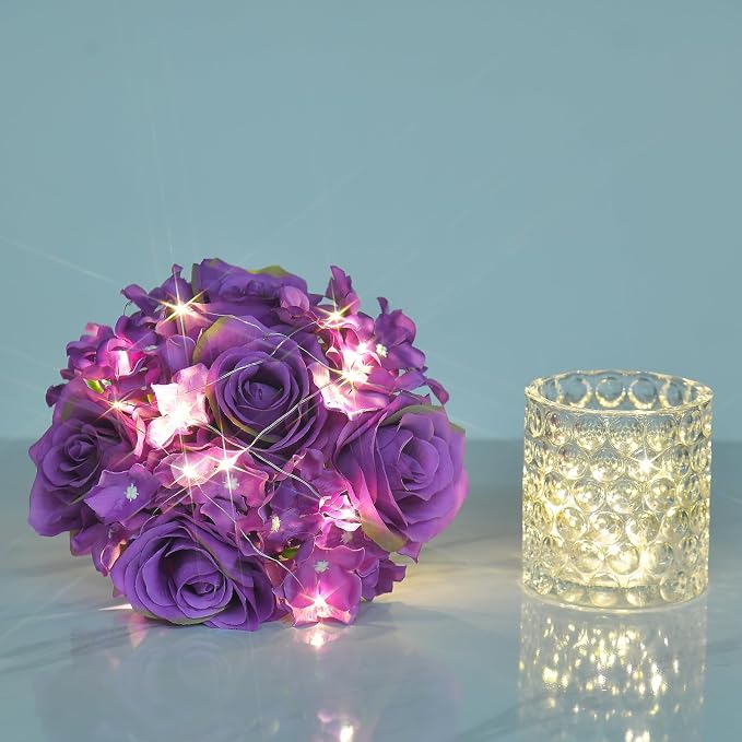 Rose Silk Flower Arrangement Artificial Vivid Rose in Glass Vase with LED Light Elegant Centerpiece for Home Wedding Bathroom Table Shelf Decoration (Purple)