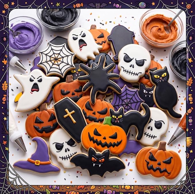 Halloween Cookie Cutters Set, HUINF 12Pcs Stainless Steel Cookie Cutters - Bat, Ghost, Pumpkin, Cat, Spider, Spider Web, Coffin, Witch's Hat, Skull, Tombstone Shapes for Halloween Baking