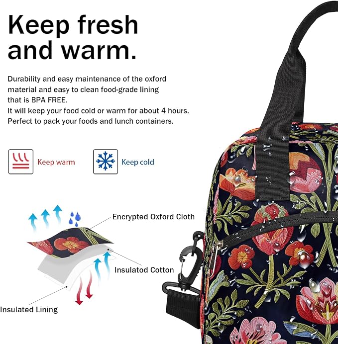 Pardick Red Flower Floral Insulated Lunch Bag for Women Girl Reusable Lunch Tote Box With Shoulder Strap Lightweight Thermal Cooler Meal Prep Bag for Work School Office Picnic