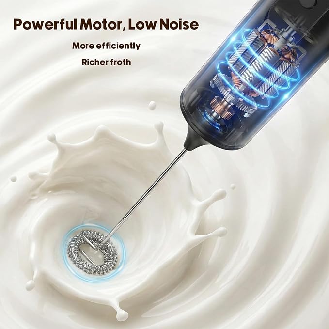 Rechargeable Milk Frother Handheld with 3 Speed, 3 Detachable Whisks with Stand, Electric Coffee Drink Mixer Wand for Cappuccino, Latte, Matcha, Hot Chocolate, Eggs,Protein Black