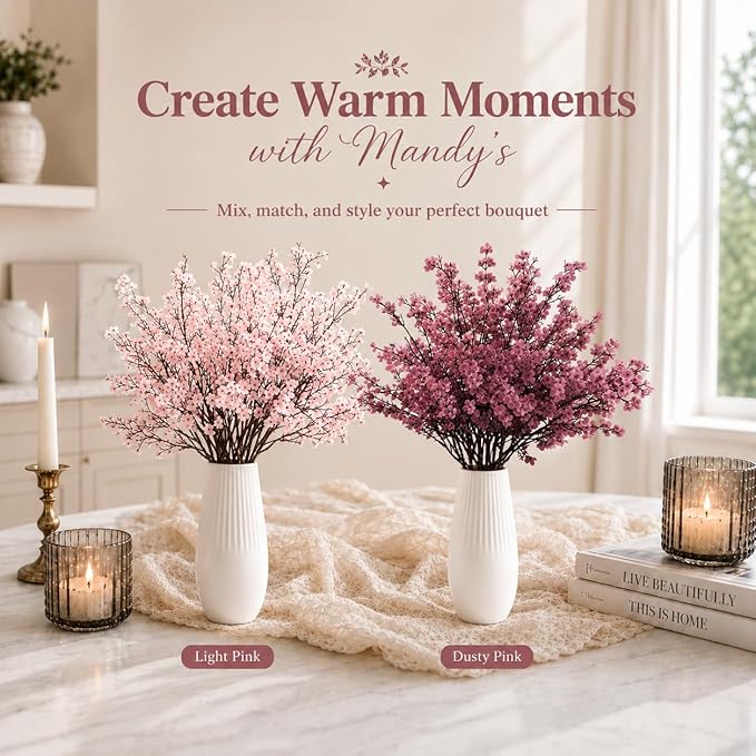 Mandy's Dusty Pink Artificial Baby’s Breath Flowers 6 Bundles Silk Gypsophila, 18.5 Inch European Style Modern Home Decor Centerpiece, Neutral Wedding Flower Arrangements