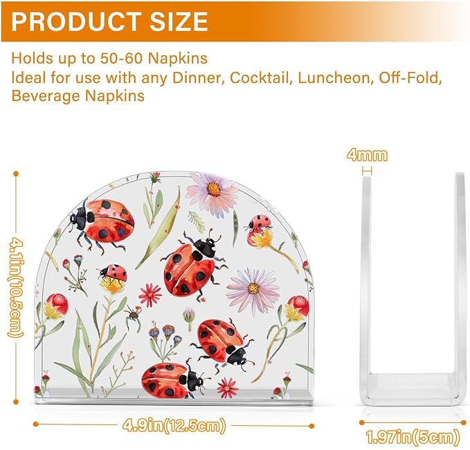 Fustylead Floral Ladybug Napkin Holder for Table Acrylic Vertical Napkin Holders for Paper Napkins Red Ladybugs&Daisies Decorative Napkin Dispenser for Home Party Dining Cocktail Kitchen Accessories