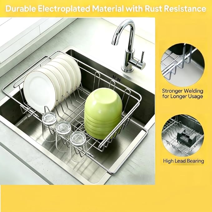 Dish Drying Rack in Sink & Over The Sink, Expandable Stainless Steel Dish Drainers for Kitchen Counter, Inside Sink Dish Dryer Rack, Rust-Resistant, Silver