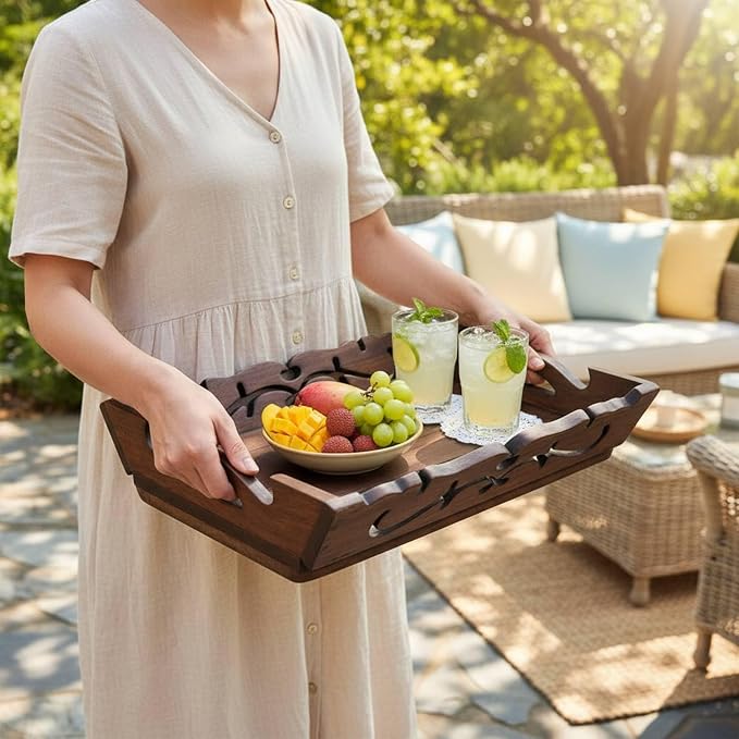 Generic Beverage Tray Wooden Tray Smooth Polished Surface Household Storage for Living Room, Medium 32.5x29.5x7.5cm