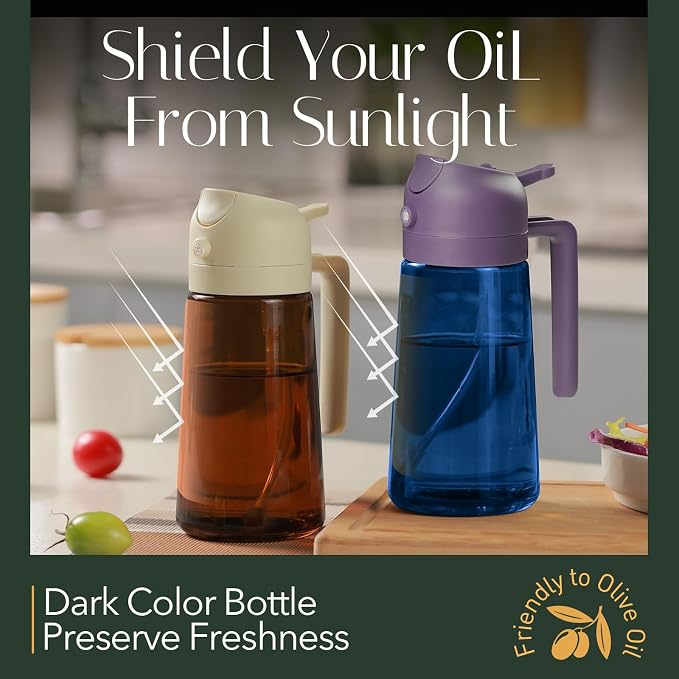 YARRAMATE 16oz/470ml Light-Blocking Dark Oil Sprayer for Cooking, 2 in 1 Olive Oil Dispenser Bottle for Kitchen, Premium Blue Glass Oil Bottle, Food-Grade Oil Mister for Air Fryer, BBQ (Purple)