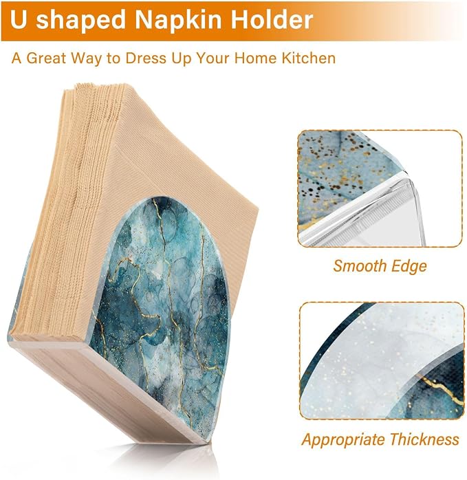 Napkin Holder Acrylic Cocktail Napkin Holder for Table Kitchen Party Restaurant Bar U Shaped Upright Napkin Dispenser Organizer Marble Blue