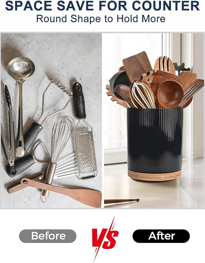 Extra Large Ceramic Utensil Crock for Kitchen Counter, 360° Rotating Utensil Holder Organizer Wide Mouth, No-Tip, Farmhouse Decor (Black)