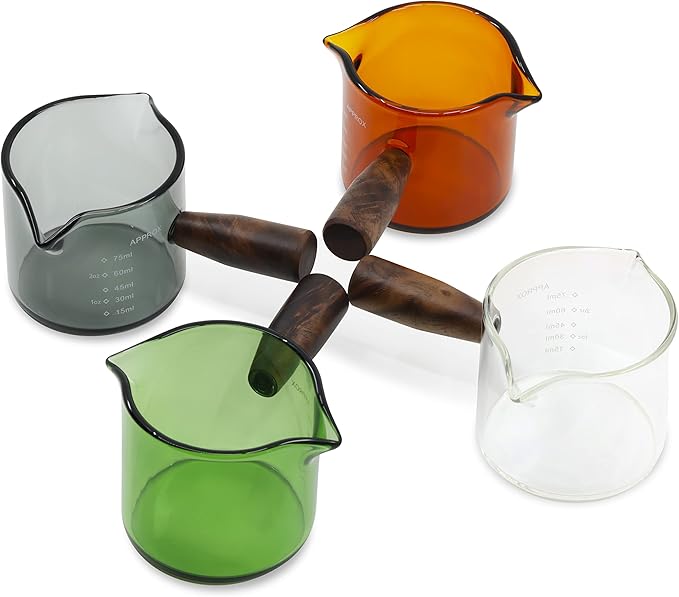 Handmade 3.5oz Espresso Shot Glass Double Spouts with American Walnut Handle, Measuring Triple Pitcher Milk Cup with 2 Spouts, Coffee Measuring Cup Glass for Barista (Emerald)
