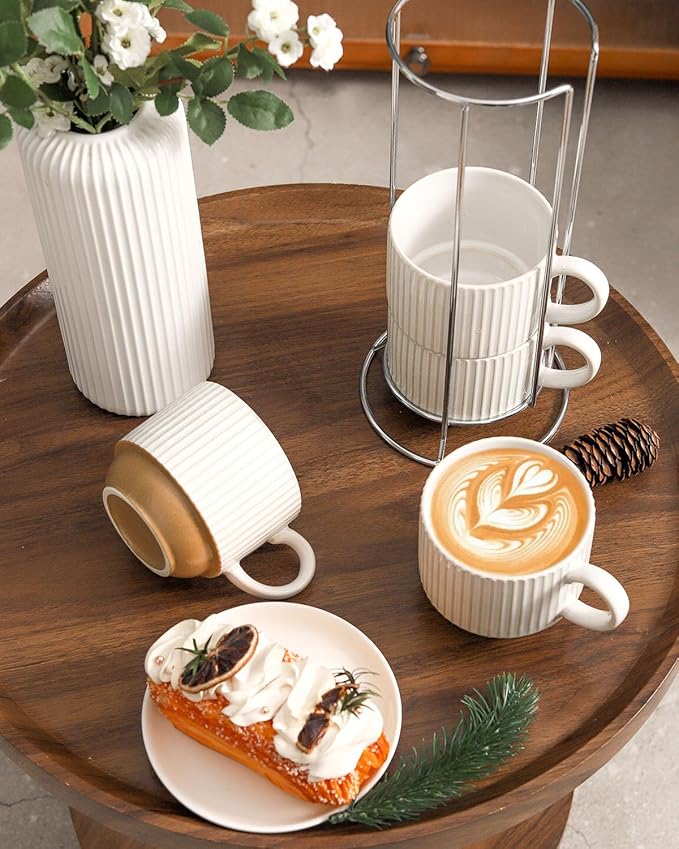 Ceramic Coffee Mugs with Stand,15 Oz Stackable Coffee Cups Set of 4 for Latte,Milk,Tea,Gift for Thanksgiving New Year Housewarming,Dishwasher & Microwave Safe,White Patchwork Color