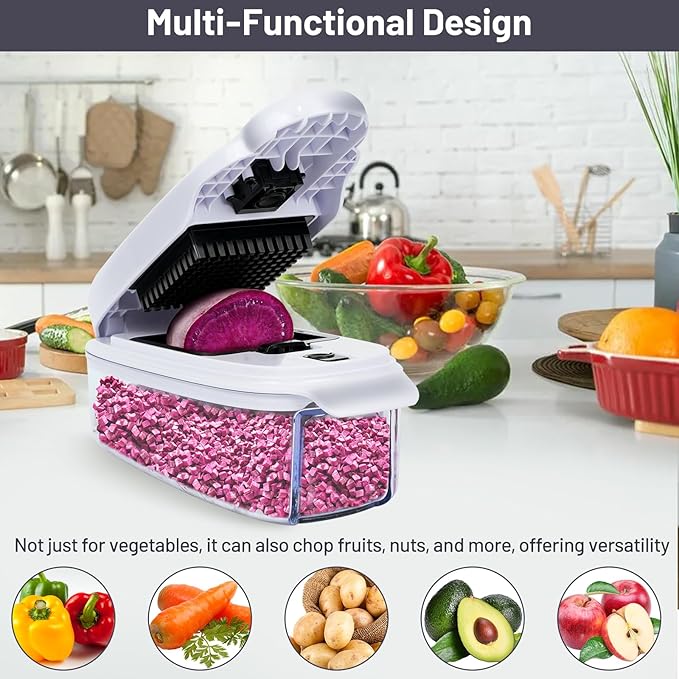 2-in-1 Vegetable Dicer, Onion Chopper with 6.7mm and 13.5mm Dicing Blades, 1.5L Food Prep Container for Salad, Potato, Tomato, Home Kitchen Meal Prep (White & Black)