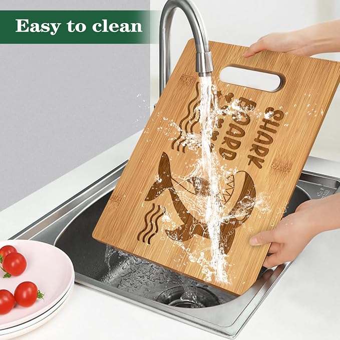 Bamboo Cutting Board for Kitchen, Heavy Duty Wood Shark Charcuterie Boards with Juice Groove, 100% Organic Bamboo, Pre Oiled, 13"