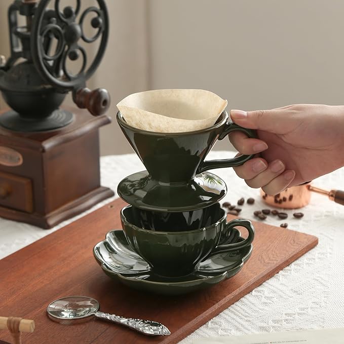 London Pottery V60 Coffee Dripper, Exquisite Porcelain Ceramic Manual Coffee Filter, Suitable for Pour Over Coffee in Office, Outdoor and Home Use (Green)