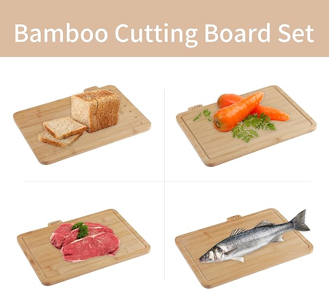 Fiery Chef 12.6"L x 9"W Bamboo Cutting Board Set of 4 - Wood Cutting Board Set with Holder, Chopping Boards Set with Food Icons, Juice Groove - Ideal for Meat, Fish, Bread, Vegetable, Fruit Chopping