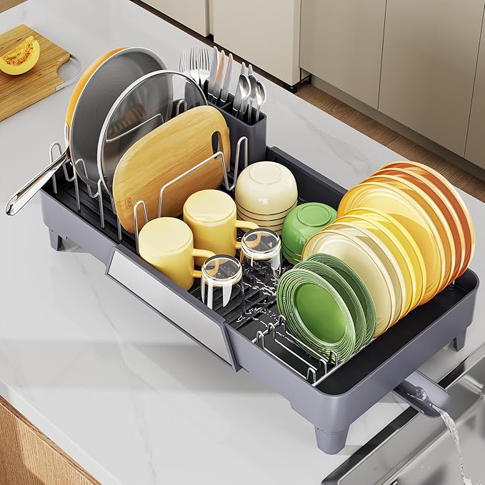 Urackify Extendable Dish Drying Rack, Stainless Steel Dish Drainer for Kitchen Counter, Expandable 15.3" to 22.6" Dish Rack with Large Drainboard and Utensil Holder, Countertop Kitchen Storage, Gray