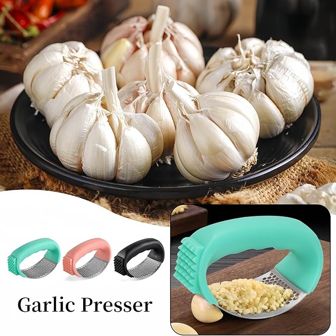 3-in-1 Stainless Steel Garlic Press with Peeler & Brush - Professional Heavy Duty Garlic Mincer, Dishwasher Safe Kitchen Gadgets for Cooking, Easy Clean Design (Black)
