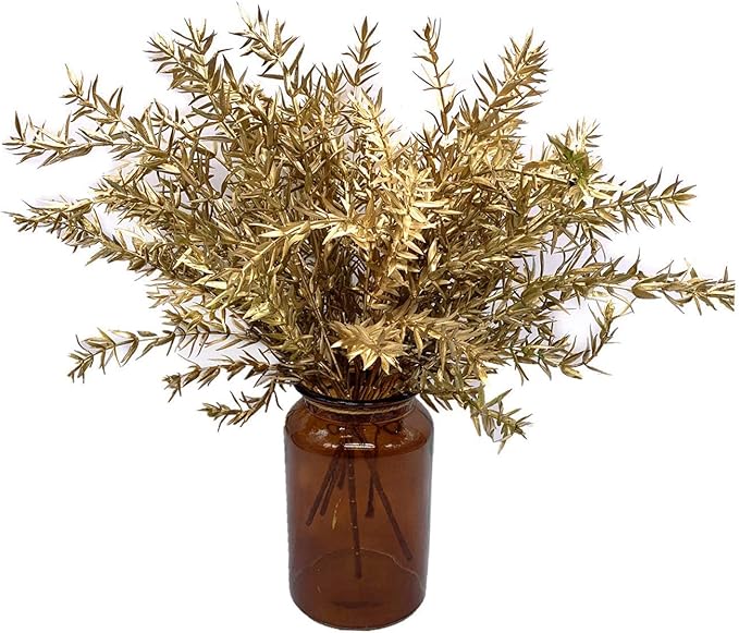 CATTREE Christmas Artificial Plants, Plastic Grass Faux Shrubs Fake Leaves Simulation Sharp Bushes Home Indoor Outdoor Garden Wedding Festival Decoration Hall Table Planter Filler – Gold 4 Pack