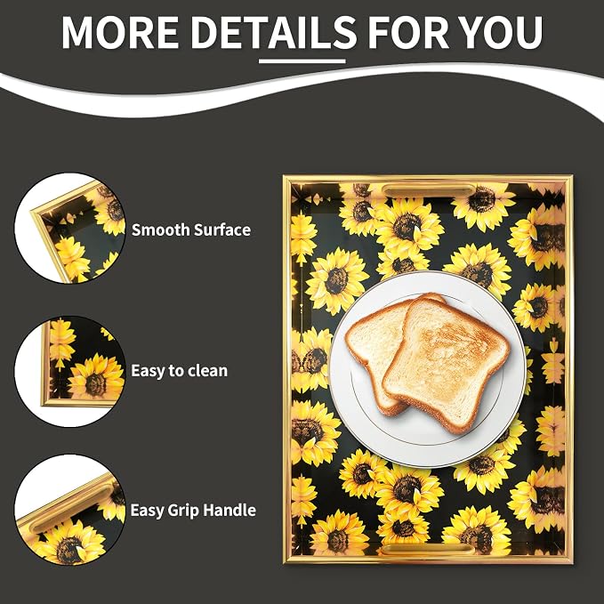 Sunflower Gold Decorative Tray Set of 2, Plastic Serving Tray with Handles, Rectangular Coffee Table Tray, Nesting Trays for Living Room, Bathroom, Ottoman