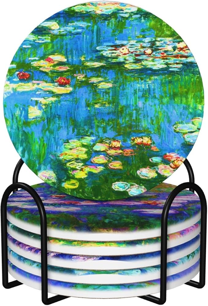 Monet Water Lilies Drinks Absorbent Coasters with Holder Set of 6, Coffee Table Decor, Ceramic Stone Coaster with Cork Base Tabletop Protection Mat for Mugs and Cups,Office,Kitchen