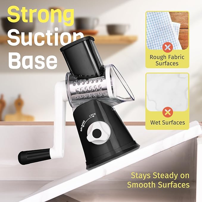 Cheese Grater Hand Crank, Rotary Cheese Shredder with 3 Interchangeable Blades for Coarse, Fine Shredding and Slicing, Strong Suction Base for Pizza, Pasta, Salad, Vegetables, Nuts, Chocolate