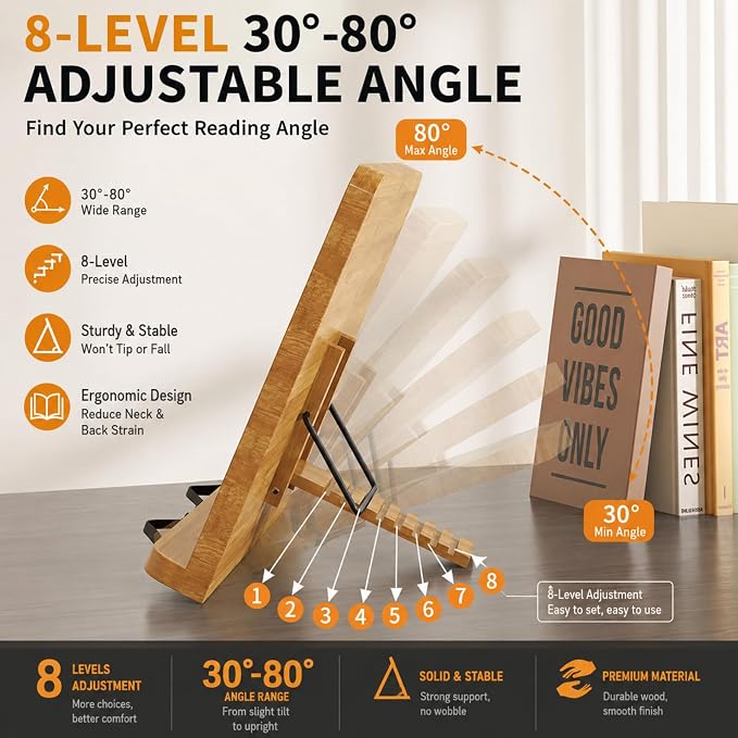 Solid Wood Book Stand – Hands-Free Cookbook & Recipe Book Holder for Kitchen Counter, Tablet Stand, Desktop Music Stand Bible Stand, Cook Book Stand, Stylish Kitchen Counter Decor & Plate Display