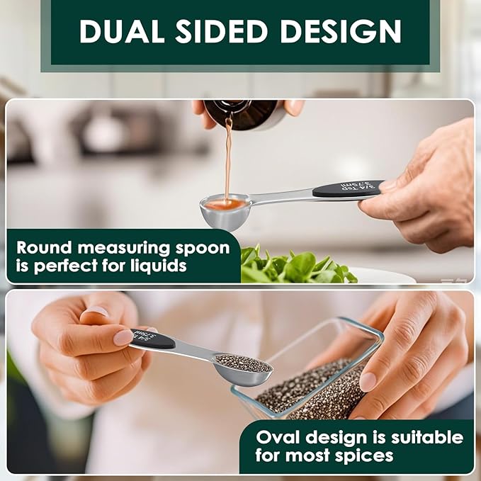 Magnetic Measuring Cups & Spoons Set, Heavy Duty 304 Stainless Steel, Double Measurement Markings, Strong N52 Magnet, Set of 16 with Leveler for Measure Dry & Liquid Ingredient, Dishwasher Safe, Black