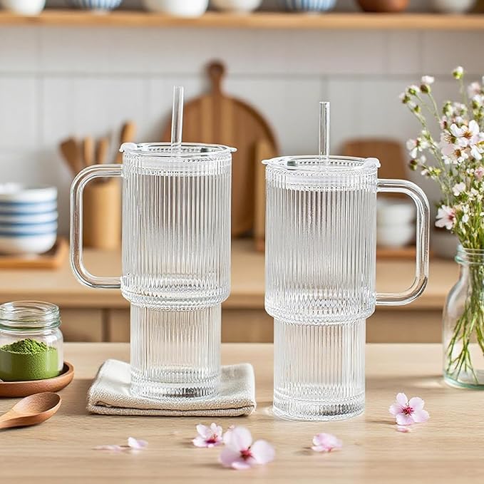2 Pack Iced Coffee Cup with Lids, 18oz Clear Glass Tumbler with Straw & Lid, Ribbed Glassware Cups, Dishwasher Safe Drinking Glasses, Stylish Glass Cups for Coffee, Juice, Tea, Matcha