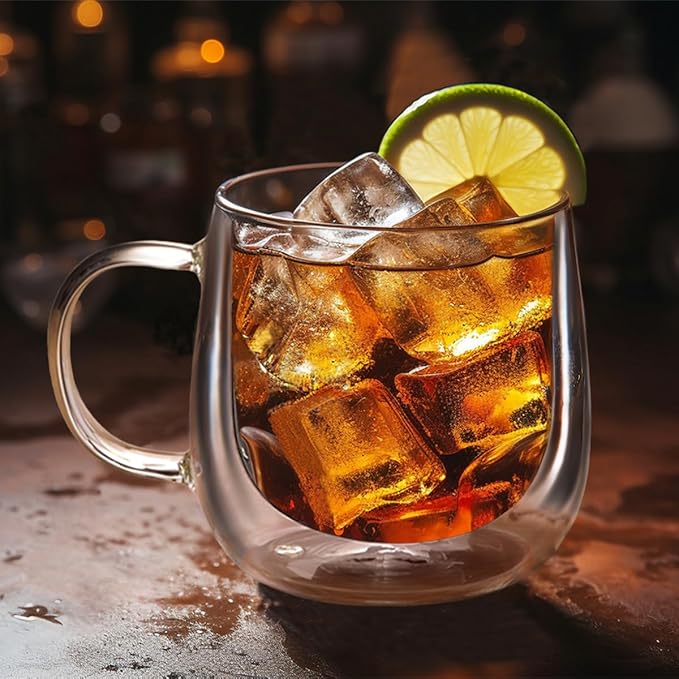 Large Double Walled Glass Coffee Mugs Beer Cups 24oz set of 2, Insulated Clear Borosilicate Glass Tea Lemonade Cups with Handle