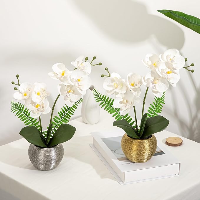 Briful Orchids Artificial Flowers 13'' Fake Orchid Flowers in Gold Ceramic Vase Silk Phalaenopsis White Orchid Flowers for Home Office Wedding Party Table Centerpiece Decor