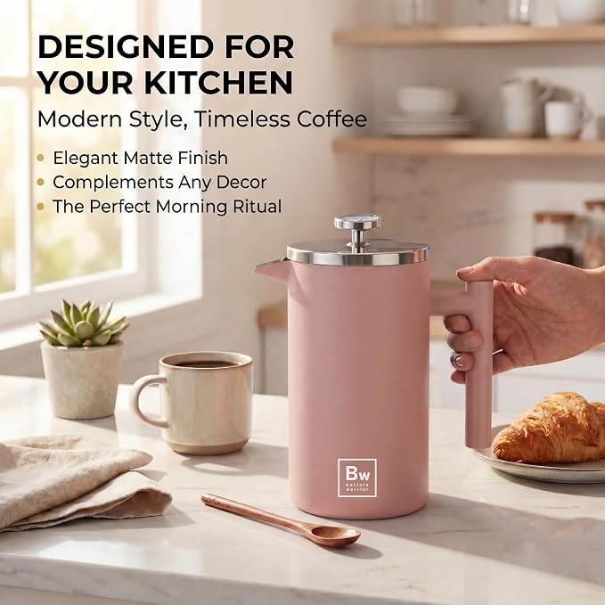 Barista Warrior French Press Coffee Maker - Double-Wall Stainless Steel Insulated French Press with Built-In Thermometer, Dual Filters Coffee Maker with Wooden Spoon - Pink