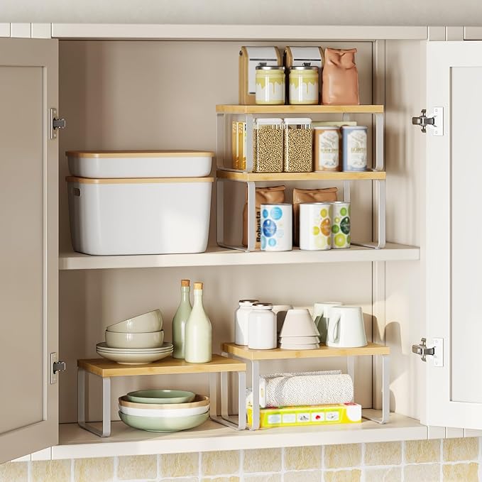 HOOBRO Cabinet Organizer Shelf, Set of 4 Kitchen Counter Shelves, Expandable Kitchen Storage, Stackable Bamboo Spice Rack, for Kitchen, Countertop, Office Desk, Bathroom, Natural and White YW30TLP201