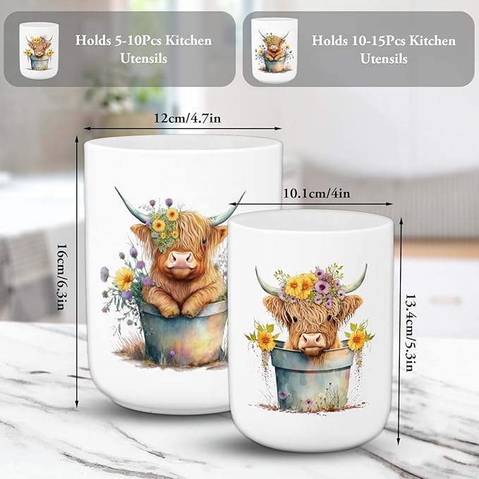 FYSUIMU Highland Cow Ceramic Utensil Holder Watercolor Cow Floral Utensil Crock for Farmhouse Home Kitchen Countertop Storage Organizer, Set of 2