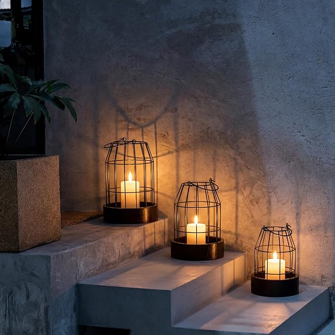 Rustic Farmhouse Lantern Decoration Set of 3, Modern Decorative Lanterns Indoor Outdoor, Metal Candle Holders for Porch Patio Fireplace Mantle Dining Room Table(Dark Brown, Black)