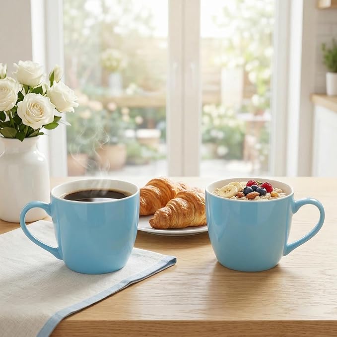 MECOWON 30 OZ Porcelain Coffee Mugs, Set of 2 Large Mugs for Soup, Cereal and Salad (skyblue)