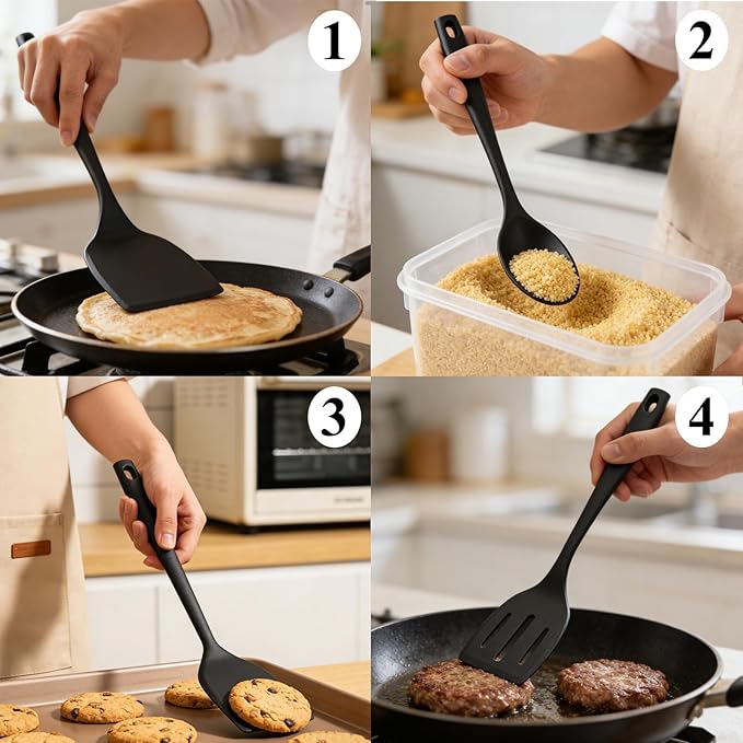 5 Pack Silicone Kitchen Cooking Utensils Set - Spatula, Turner, Tongs & Spoons for Nonstick Cookware, 600°F Heat Resistant, Non Toxic, Dishwasher Safe