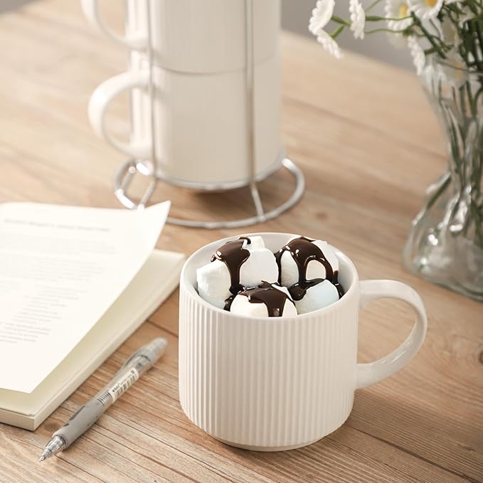 HASENSE 15oz Coffee mugs Set of 4, Ceramic Stackable Coffee Mug with Stainless Steel Rack, Porcelain Coffee Cups with Handle for Latte,Cocoa, Cold & Hot - Easy to Take Out - Vertical Striped,White