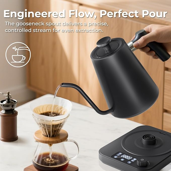 Gooseneck Electric Kettle, ±1°F Temperature Control Electric Kettle, 1.0L 1200W Fast Heating, 24H Keep Warm, 30Min Auto Memory, Food Grade Stainless Steel, Pour Over Kettle for Coffee and Tea