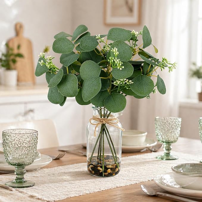 MACTING Artificial Eucalyptus Stems in Glass Vase with Faux Water Stones 14" Artificial Plants Indoor Eucalyptus Leaves for Table Centerpieces Bathroom Kitchen Living Room Shelf Home Decorations