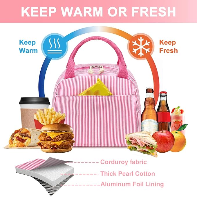 LEDAOU Lunch Box for Women Insulated Lunch Bag Corduroy Lunch Tote Bags Leakproof Cooler Lunch Case for Travel Work Picnic (K-Stripes-Pink)