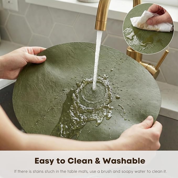 Artoid Mode Olive Green Faux Leather Placemats Set of 4, 15 Inch Waterproof Wipeable Heat Resistant Vinyl Place Mats, Reversible Table Mats for Kitchen Dining Decor