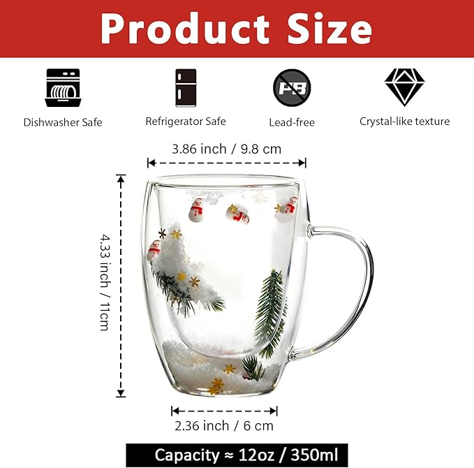 Christmas Glass Coffee Mugs Set Of 4-12oz Double Wall Insulated High Borosilicate Glasses Mugs With Handle For Latte,Cappuccino,Tea Bag