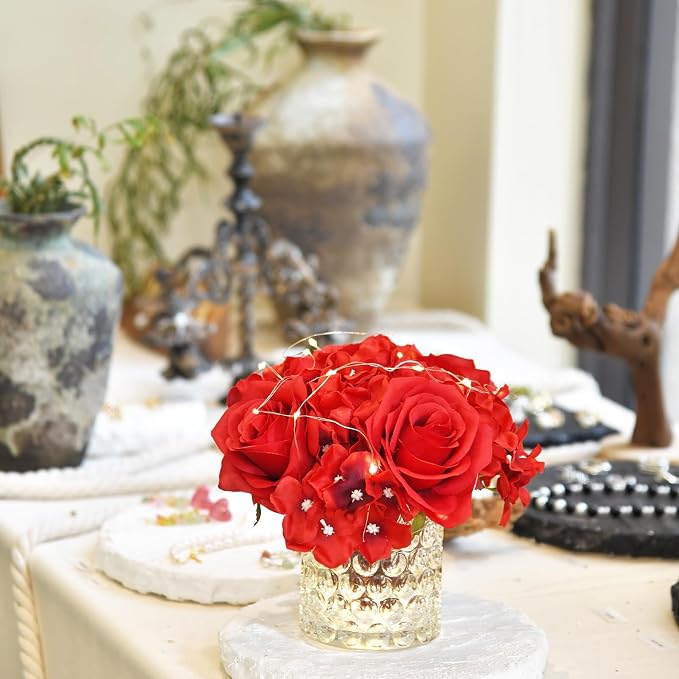 Rose Silk Flower Arrangement Artificial Vivid Rose in Glass Vase with LED Light Elegant Centerpiece for Home Wedding Bathroom Table Shelf Decoration (Red)