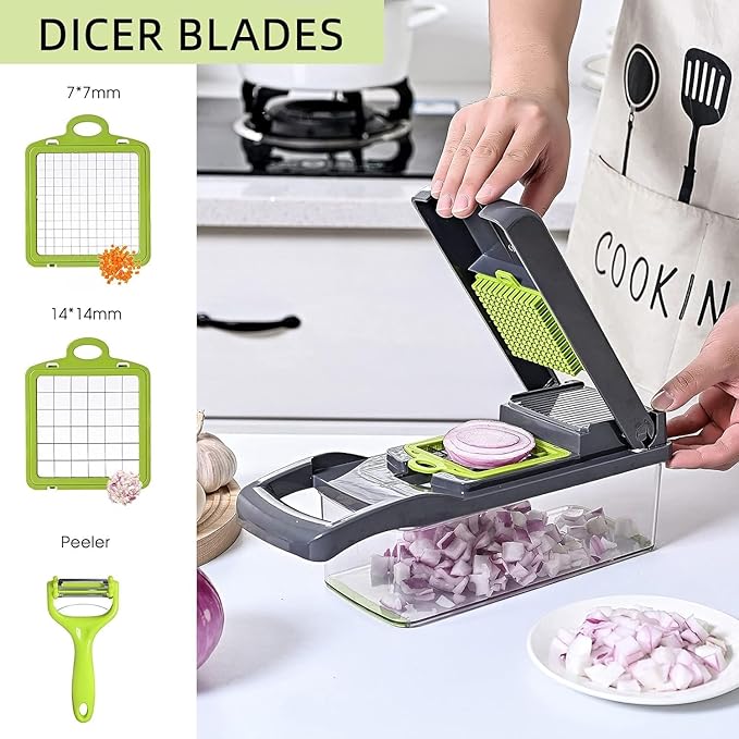 Vegetable Chopper: 16 in 1 Food Chopper - Onion Vegetable Slicer Cutter Dicer, Veggie Cutter with Container, 7 Blades, Kitchen Gadgets for Carrot Salad Garlic Potato Slicer (Grey)